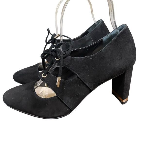 Alfani Prima Binddi Lace Up Pumps Block Heel Black Suede SZ 6.5 Whimsigoth Vamp - Picture 4 of 10